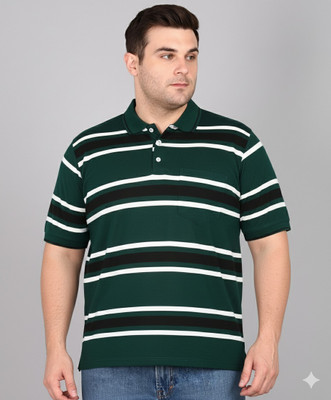 INKKR Striped Men Polo Neck Black, White, Dark Green T-Shirt