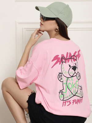 METRONAUT Typography, Printed Women Round Neck Pink T-Shirt