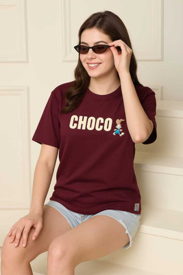 SHEHZADI ONLINE Graphic Print Women Crew Neck Maroon T-Shirt