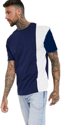 Styvibe Solid Men Round Neck White, Blue T-Shirt