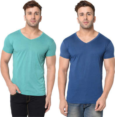 Adorbs Trend Solid Men V Neck Dark Blue, Light Green T-Shirt