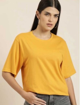 WorldFusion Solid Women Round Neck Yellow T-Shirt