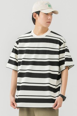 Lauren Adams Striped Men Round Neck Black T-Shirt