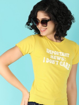 V-MART Printed Women Round Neck Yellow T-Shirt