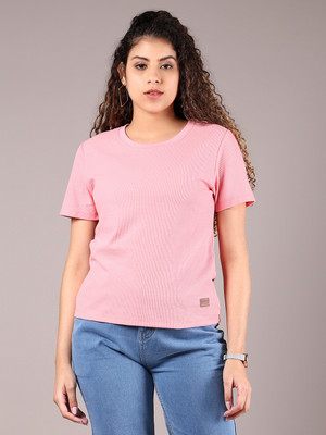 V-MART Solid Women Round Neck Pink T-Shirt
