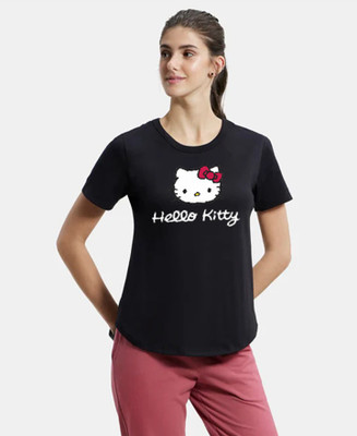 GLITO Printed Women Round Neck Black T-Shirt