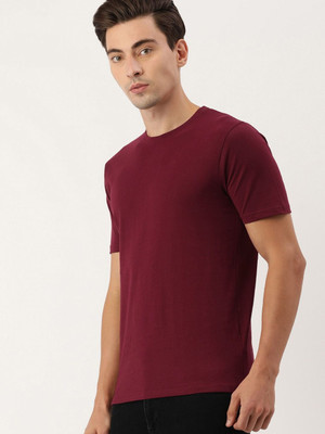 RULEDBYSUN Solid Men Round Neck Maroon T-Shirt