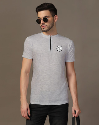 tfurnish Printed Men Mandarin Collar Silver T-Shirt