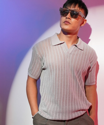 CAMPUS SUTRA Striped Men Polo Neck Grey T-Shirt