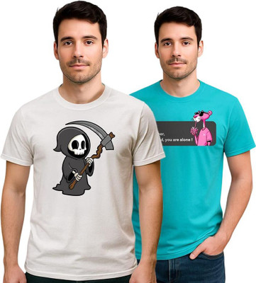 THE STORK Graphic Print Men Crew Neck White, Light Blue T-Shirt