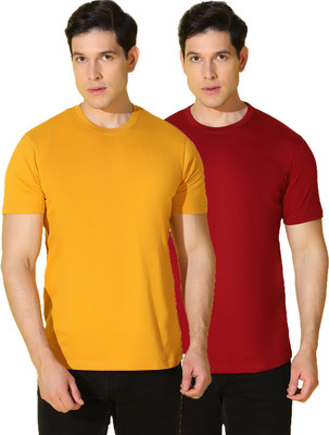 WOOSTRO Solid Men Round Neck Yellow, Red T-Shirt