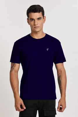 TT THE TEE Solid Men Round Neck Navy Blue T-Shirt