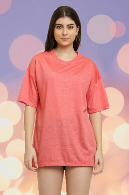 CANIDAE Solid Women Round Neck Pink T-Shirt