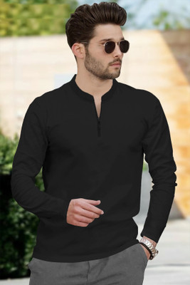 TRIPR Solid Men Mandarin Collar Black T-Shirt