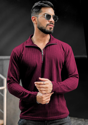 KAJARU Striped Men Zip Neck Maroon T-Shirt