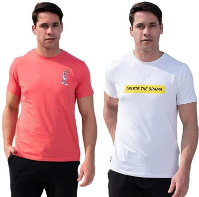 MOLTO BELLO Printed Men Round Neck White, Pink T-Shirt