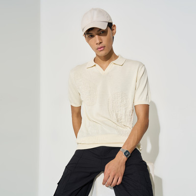 PEOPLE Self Design Men Round Neck White T-Shirt