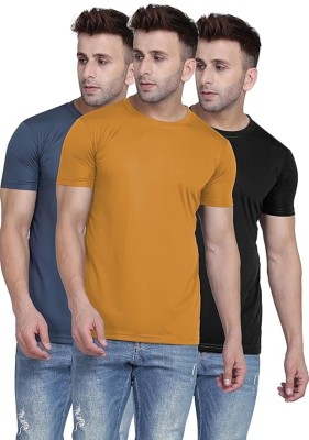 PARA HILLS Solid Men Round Neck Black, Yellow, Grey T-Shirt