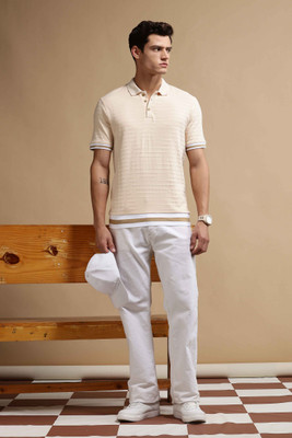 Eszett Self Design Men Polo Neck Yellow T-Shirt