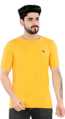 Aikaa Solid Men Round Neck Gold T-Shirt