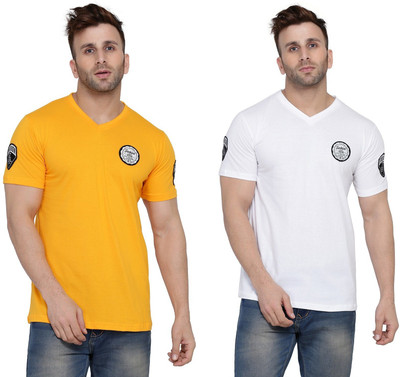 tfurnish Solid Men V Neck White, Yellow T-Shirt