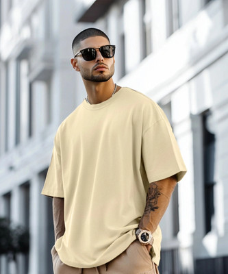 Veirdo Solid Men Round Neck Beige T-Shirt