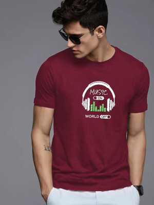 Reya Printed Men Round Neck Maroon T-Shirt