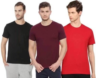 VAN HEUSEN Solid Men Round Neck Maroon, Red, Black T-Shirt