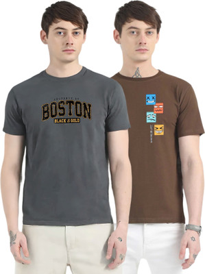 dos herman Printed Men Round Neck Brown, Grey T-Shirt