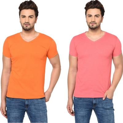 Tresna Fab Solid Men V Neck Pink, Orange T-Shirt