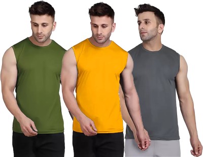 Think Tech Solid Men Round Neck Dark Green, Yellow, Grey T-Shirt