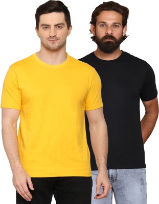 AODACH Solid Men Round Neck Yellow, Black T-Shirt