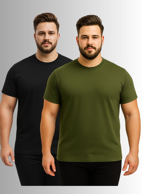 KART BLACK Solid Men Round Neck Black, Green T-Shirt