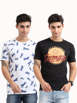Texman Graphic Print Men Round Neck Black, Blue, White T-Shirt