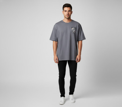 KG FASHION Graphic Print Men Crew Neck Reversible Grey T-Shirt