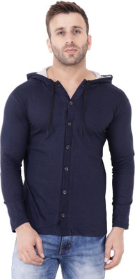 Money Leaf Solid Men Hooded Neck Dark Blue T-Shirt