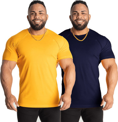 UDI n ADI Solid Men Round Neck Yellow, Navy Blue T-Shirt