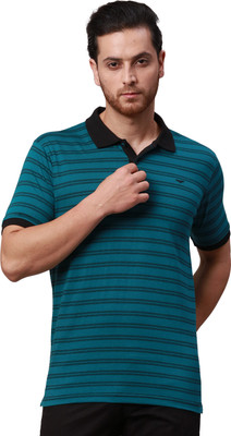PARK AVENUE Striped Men Polo Neck Dark Green T-Shirt