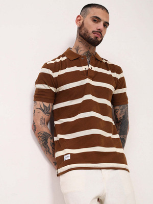 SHOWOFFFF Striped Men Polo Neck Brown T-Shirt
