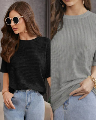 VDTREND Solid Women Round Neck Grey T-Shirt