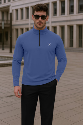 FTX Solid Men Zip Neck Blue T-Shirt