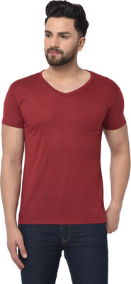 Moordale Fab Solid Men V Neck Maroon T-Shirt
