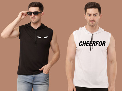 Mundali Printed Men Hooded Neck Black, White T-Shirt