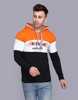 SLOWLORIS Printed Men Hooded Neck Orange, Black, White T-Shirt
