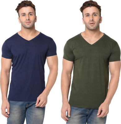 Tresna Trending Solid Men V Neck Dark Blue, Dark Green T-Shirt