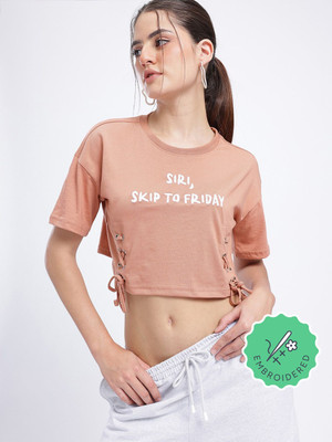 Glitchez Self Design Women Round Neck Red T-Shirt