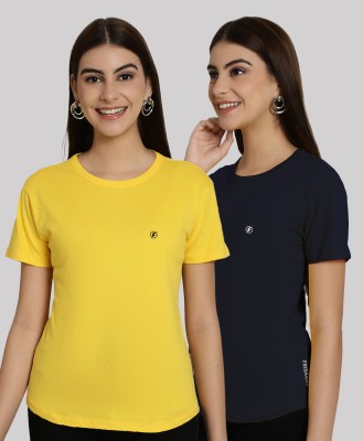 FRISKERS Solid Women Mandarin Collar Yellow, Dark Blue T-Shirt