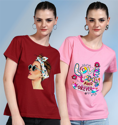 METRONAUT Printed Women Round Neck Red, Pink T-Shirt