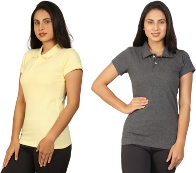 Besimple Solid Women Polo Neck Grey, Yellow T-Shirt