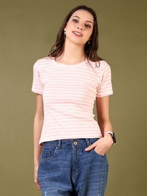 V-MART Striped Women Round Neck Pink T-Shirt